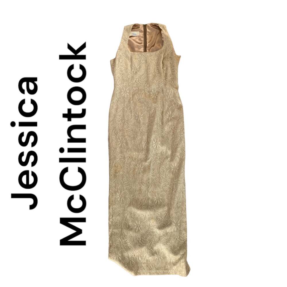 90s Jessica McClintock gold lace bodycon dress scoop neck size small 4